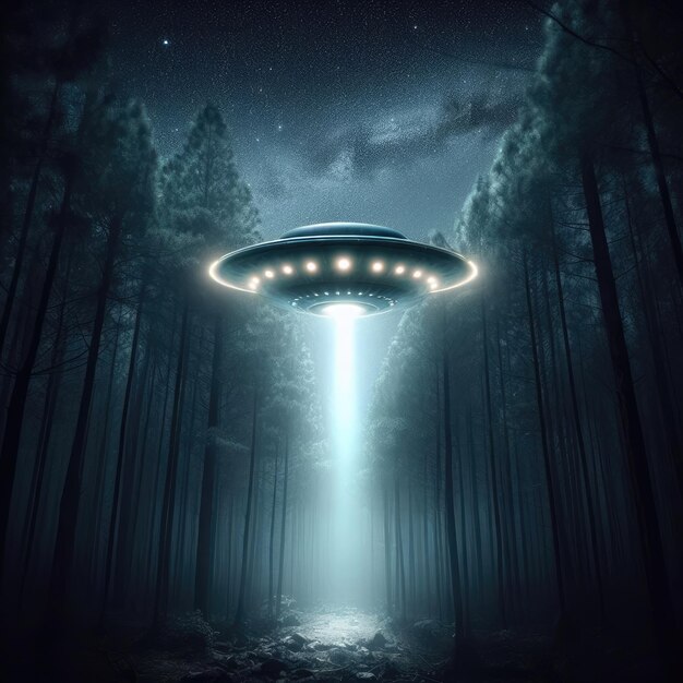 A forest with a UFO hovering above