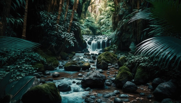 A forest with a waterfall and a green forest with a forest in the background.