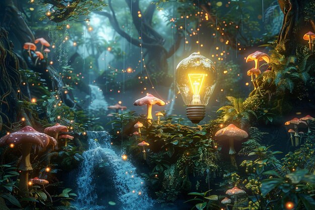 a forest with a waterfall and a light bulb