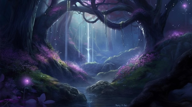 A forest with a waterfall and a tree with purple flowers.