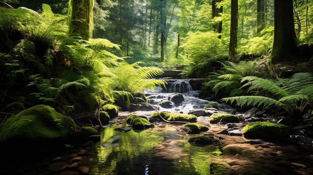 a forest with a waterfall and a waterfall in the background