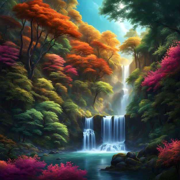 a forest with a waterfall and a waterfall with a waterfall in the background