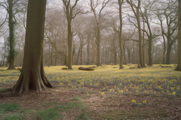 A forest with yellow flowers and a tree with the word daffodils on it