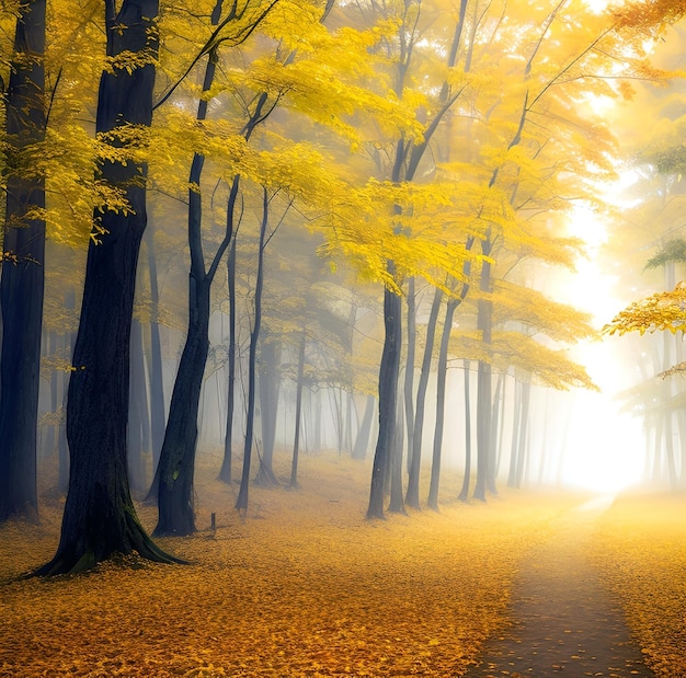 a forest with yellow leaves and autumn trees in a foggy forest