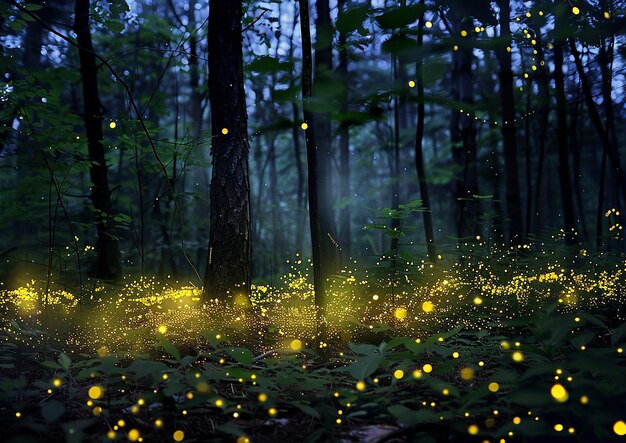 a forest with yellow lights and trees with a forest background