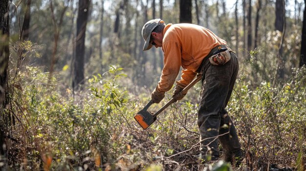 Photo forest worker using a hand tool to clear brush