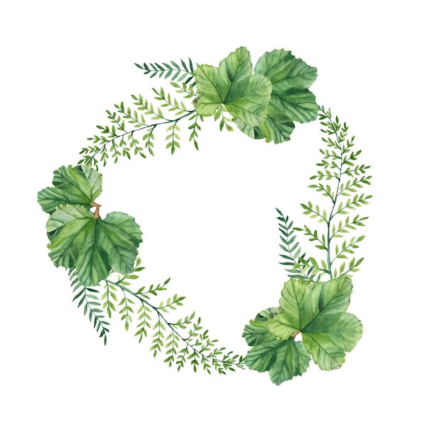 Forest wreath with green twigs and leaves Isolated on white background Hand painted botanical watercolor illustration Can be used for card invitation poster banner design