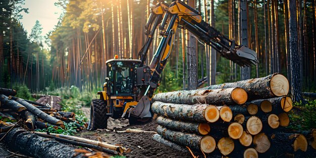 Photo forestry forwarder loading logs in forest