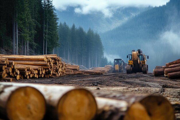 Photo forestry operations stacks of timber and equipment