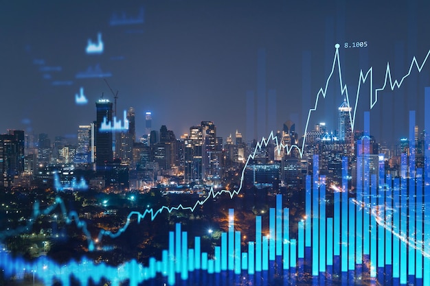 FOREX graph hologram aerial night panoramic cityscape of Bangkok the developed location for stock market researchers in Southeast Asia The concept of fundamental analysis Double exposure