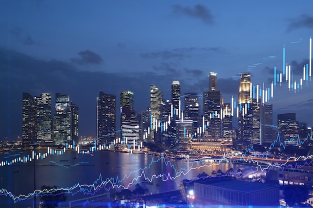 FOREX graph hologram aerial night panoramic cityscape of Singapore the developed location for stock market researchers in Asia The concept of fundamental analysis Double exposure