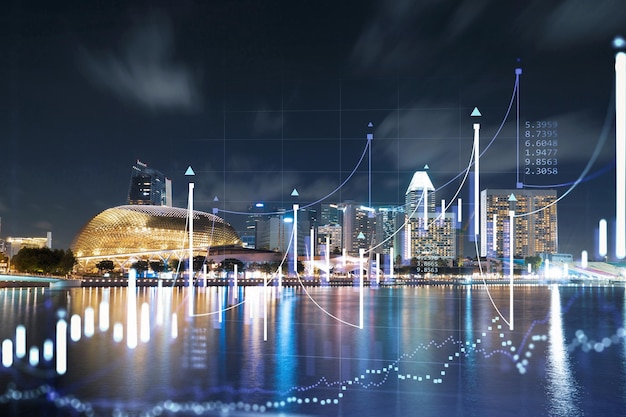 FOREX graph hologram aerial night panoramic cityscape of Singapore the developed location for stock market researchers in Asia The concept of fundamental analysis Double exposure