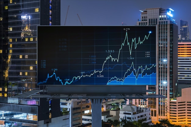 FOREX graph hologram on billboard aerial night panoramic cityscape of Bangkok The developed location for stock market researchers in Southeast Asia The concept of fundamental analysis