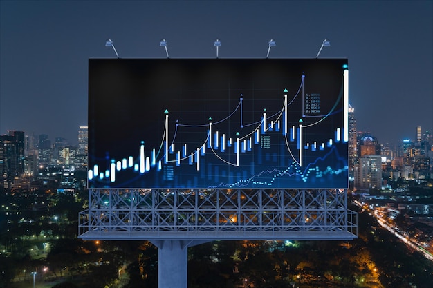 FOREX graph hologram on billboard aerial night panoramic cityscape of Bangkok The developed location for stock market researchers in Southeast Asia The concept of fundamental analysis