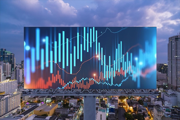 FOREX graph hologram on billboard aerial night panoramic cityscape of Bangkok The developed location for stock market researchers in Southeast Asia The concept of fundamental analysis