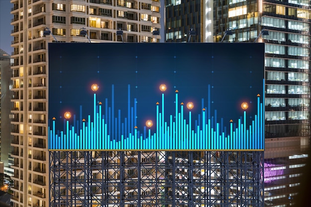 FOREX graph hologram on billboard aerial night panoramic cityscape of Bangkok The developed location for stock market researchers in Southeast Asia The concept of fundamental analysis