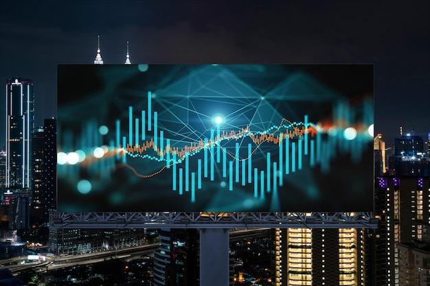 FOREX graph hologram on billboard aerial night panoramic cityscape of Kuala Lumpur KL is the developed location for stock market researchers in Malaysia Asia The concept of fundamental analysis