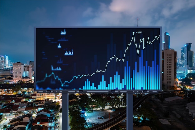 FOREX graph hologram on billboard aerial night panoramic cityscape of Kuala Lumpur KL is the developed location for stock market researchers in Malaysia Asia The concept of fundamental analysis