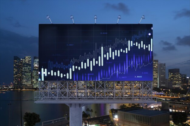 FOREX graph hologram on billboard aerial night panoramic cityscape of Singapore The developed location for stock market researchers in Southeast Asia The concept of fundamental analysis