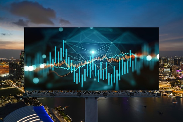 Photo forex graph hologram on billboard aerial night panoramic cityscape of singapore the developed location for stock market researchers in southeast asia the concept of fundamental analysis