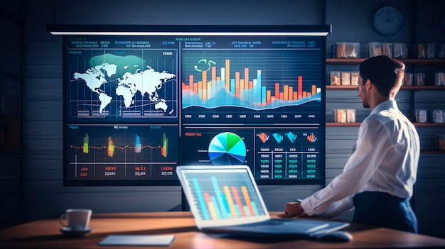 Forex graph hologram on table with computer background double exposure concept of financial markets Generative AI