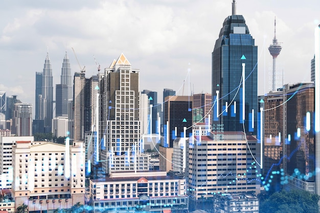 Forex and stock market chart hologram over panorama city view of Kuala Lumpur KL is the financial center in Malaysia Asia The concept of international trading Double exposure