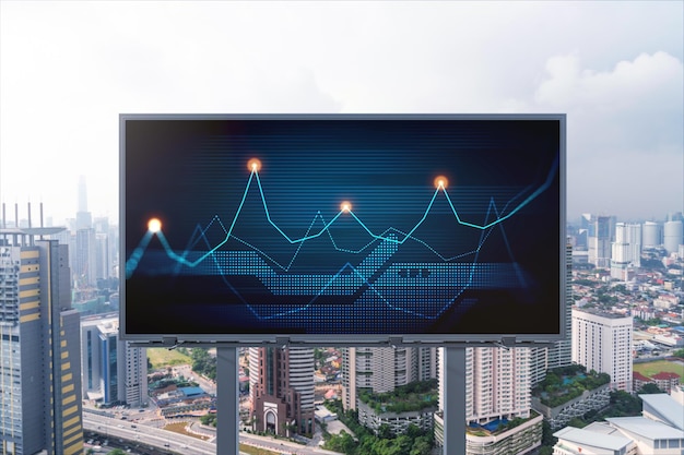 Forex and stock market chart hologram on road billboard over panorama city view of Kuala Lumpur KL is the financial center in Malaysia Asia The concept of international trading