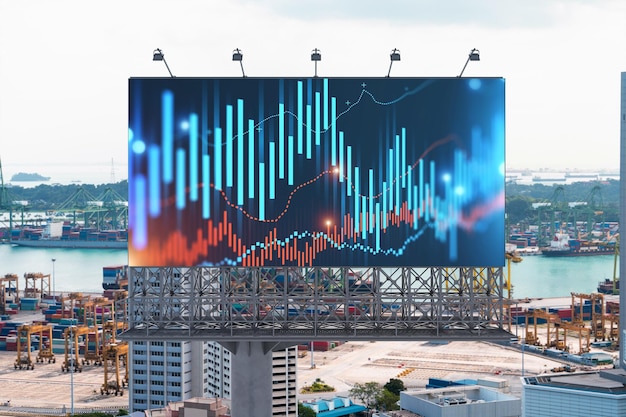 Forex and stock market chart hologram on road billboard over panorama city view of Singapore The financial center in Southeast Asia The concept of international trading