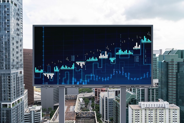 Forex and stock market chart hologram on road billboard over panorama city view of Singapore The financial center in Southeast Asia The concept of international trading