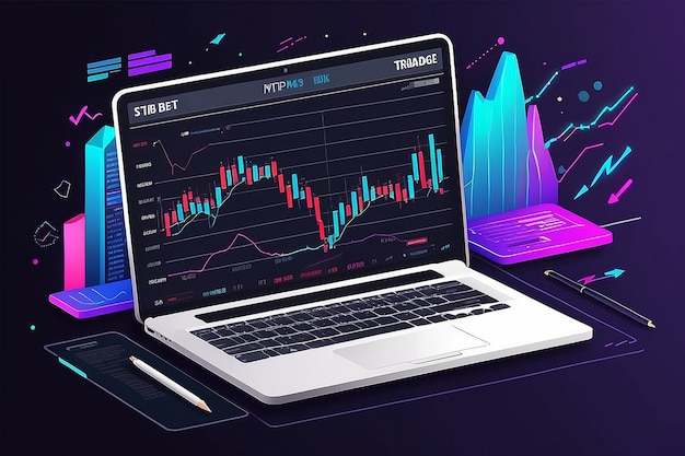 Forex stock trade promo page with laptop notebook vector illustration