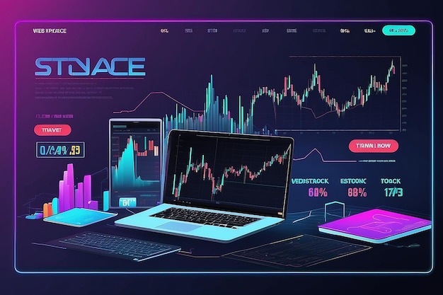 Forex stock trade promo page with laptop notebook vector illustration