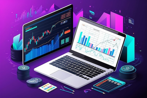 Forex stock trade promo page with laptop notebook vector illustration