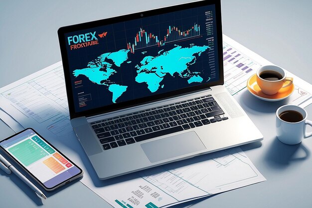 Photo forex stock trade promo page with laptop and notebook vector illustration