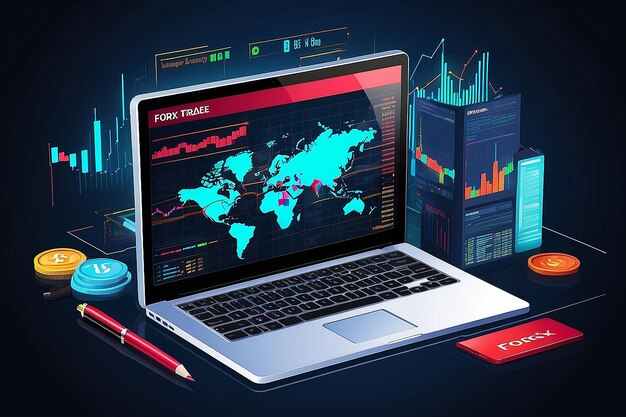 Photo forex stock trade promo page with laptop and notebook vector illustration