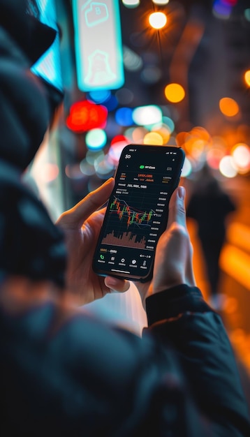 Forex Trader Analyzing Currency Pairs on Smartphone with Live Trading Chart in Vibrant Cityscape