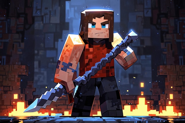 Photo forged in pixels the epic saga of a highresolution minecraft warrior wielding a twohanded epic sword