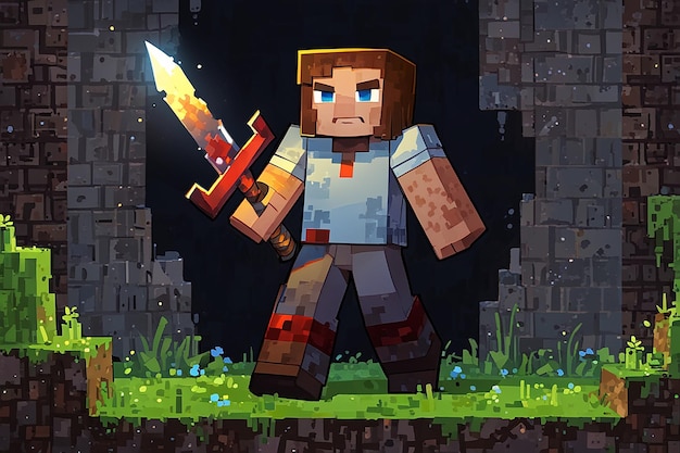 Photo forged in pixels the epic saga of a highresolution minecraft warrior wielding a twohanded epic sword