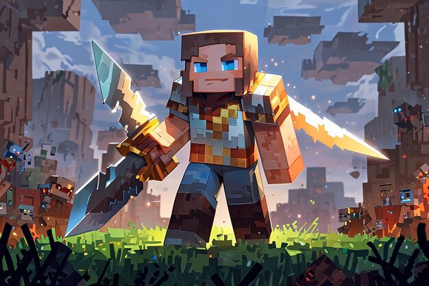 Photo forged in pixels the epic saga of a highresolution minecraft warrior wielding a twohanded epic sword