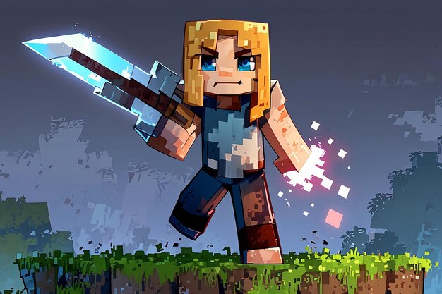 Photo forged in pixels the epic saga of a highresolution minecraft warrior wielding a twohanded epic sword