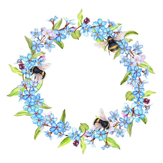 Forgetmenot flowers wreath with bumblebees isolated on white watercolor illustration