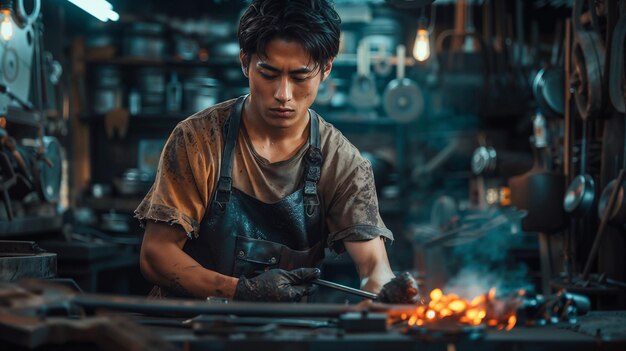 Forging Tradition Cinematic Portrait of Young Asian Blacksmith