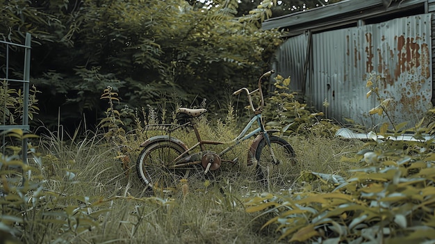 A forgotten bicycle sits in a field of overgrown grass and weeds The bike is old and rusty and the paint is peeling