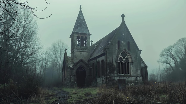 A forgotten church stands in the middle of a dense forest The building is in disrepair with broken windows and a