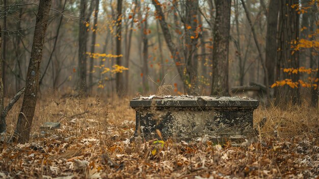 Photo a forgotten grave in the middle of a forest the headstone is old and weathered and the grave is overgrown with weeds and leaves