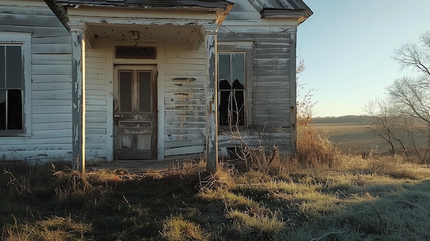 A forgotten house stands alone in a field Its windows are boarded up and its paint is peeling but it still has a certain charm