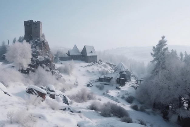 Forgotten medieval castle and small settlement and cold winter generative ai