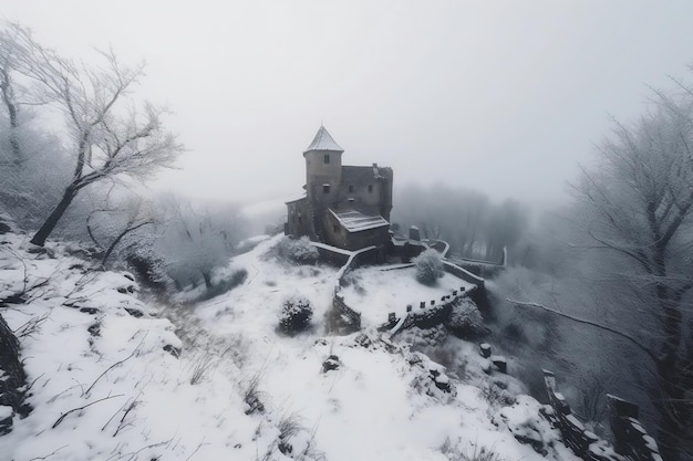 Forgotten medieval castle and small settlement and cold winter generative ai