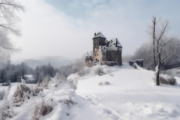 Forgotten medieval castle and small settlement and cold winter generative ai