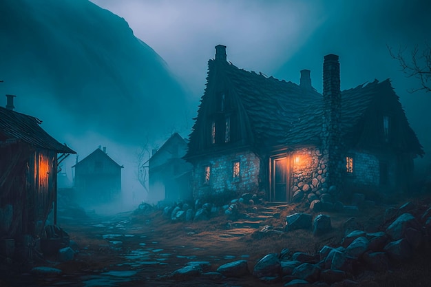 A forgotten mystical village engulfed in fogGenerative AI