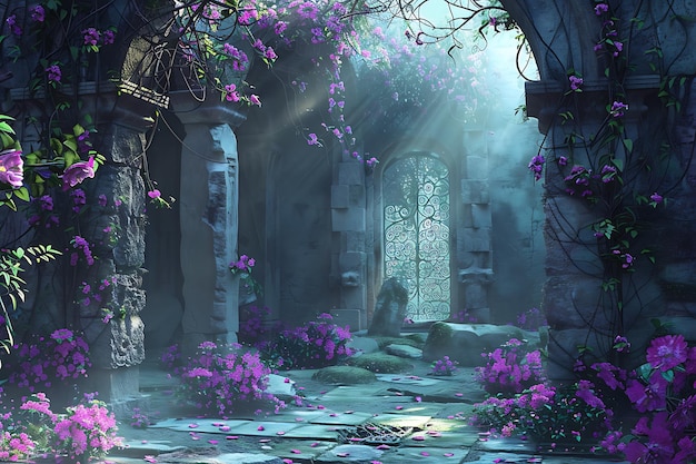 Forgotten Sanctuary Crumbling Ruins Enveloped in Mystical Vines